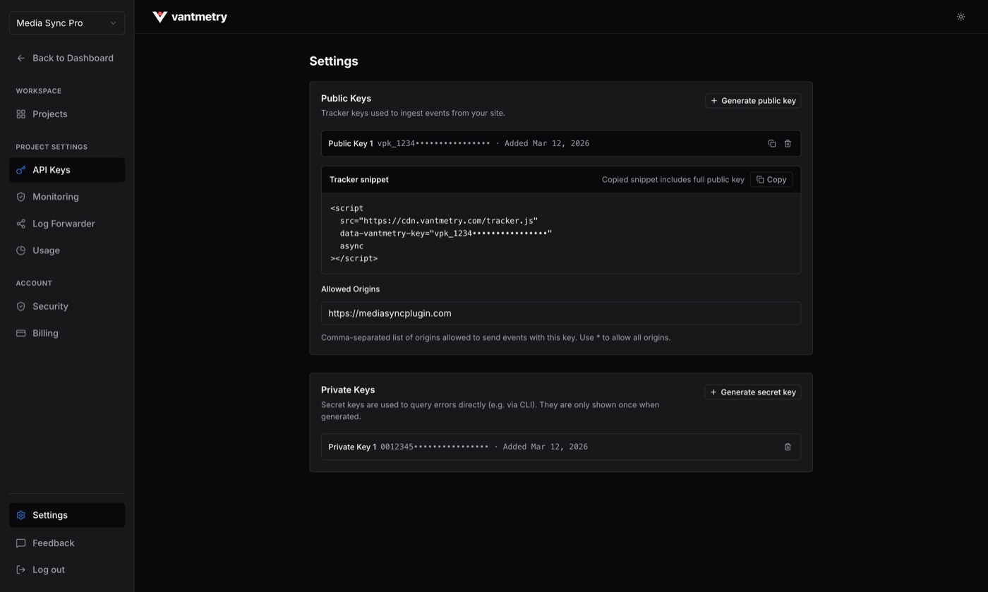 The Vantmetry dashboard API keys page, showing a public vpk_ key for the browser and a secret vsk_ key for server use